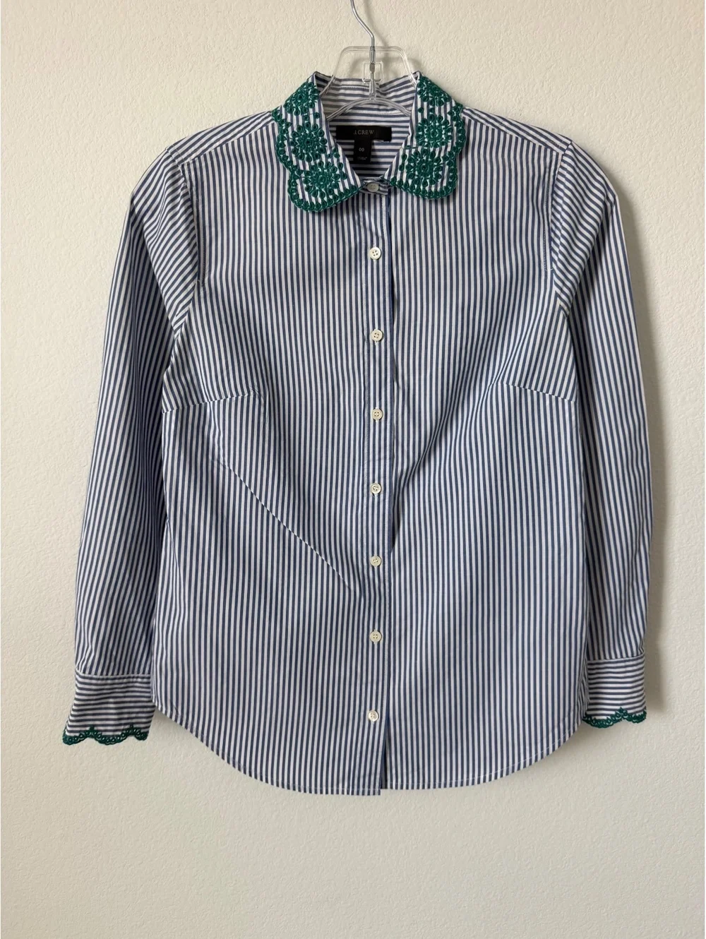 J. Crew Blue/White Striped Long Sleeve Button Up Embroidered Trim Shirt Size 00